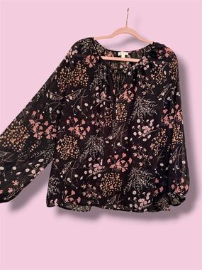 C Floral Black Peasant Blouse with Pink & Tan Accents